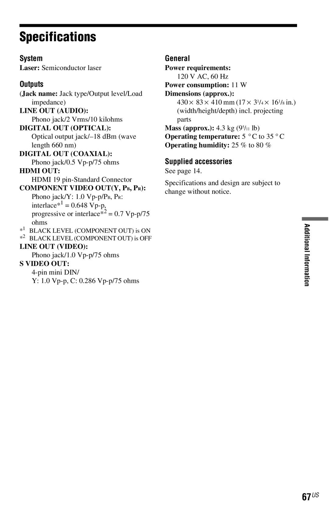 Sony DVP-NC800H operating instructions Specifications, 67US 