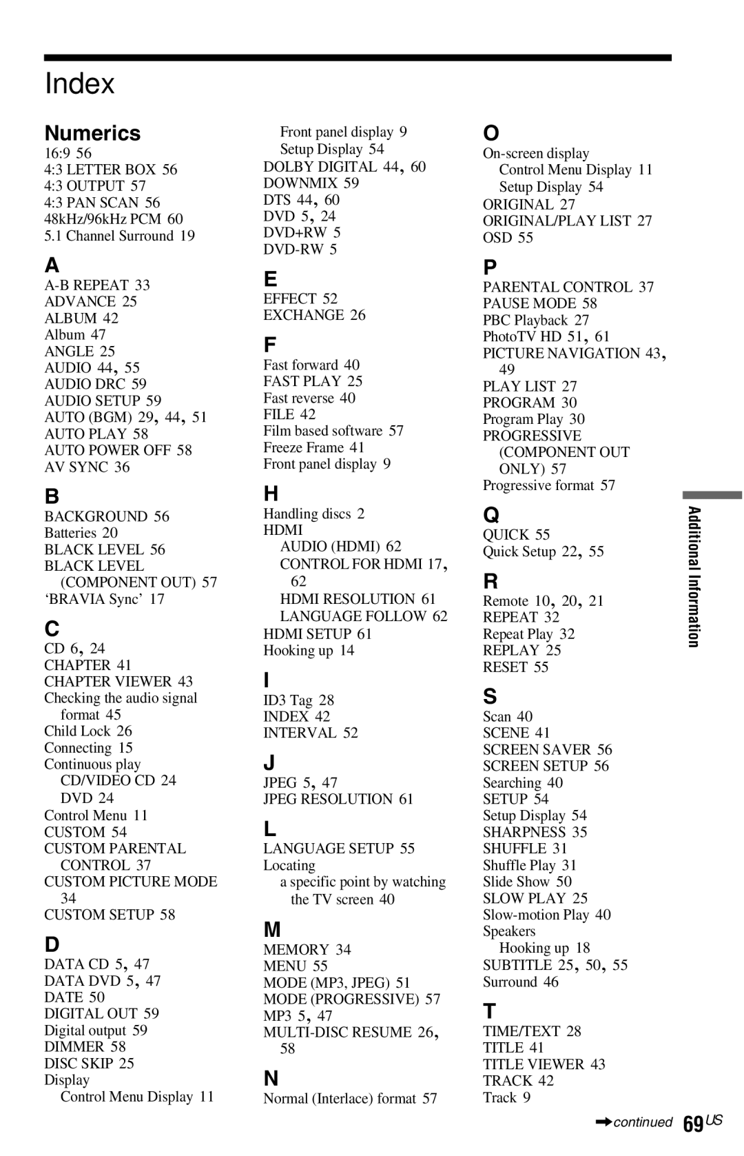 Sony DVP-NC800H operating instructions Index, Numerics 