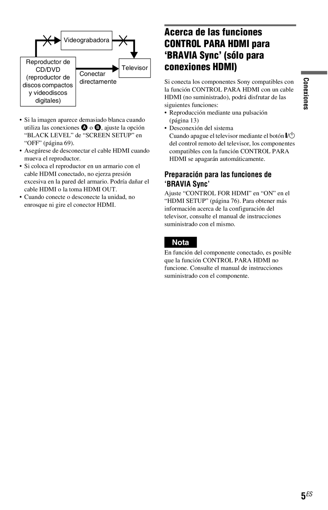 Sony DVP-NC800H operating instructions Preparación para las funciones de ‘BRAVIA Sync’, Cd/Dvd 