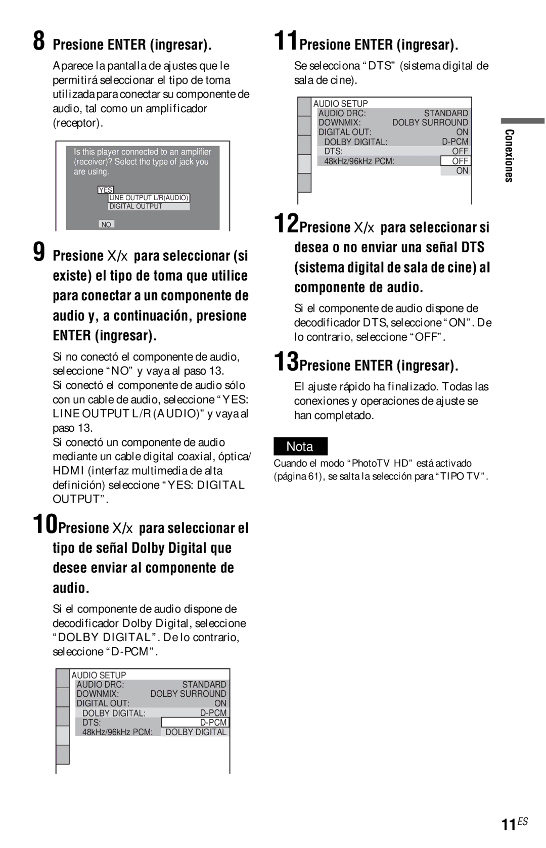 Sony DVP-NC800H operating instructions 11ES, 11Presione Enter ingresar, 13Presione Enter ingresar 