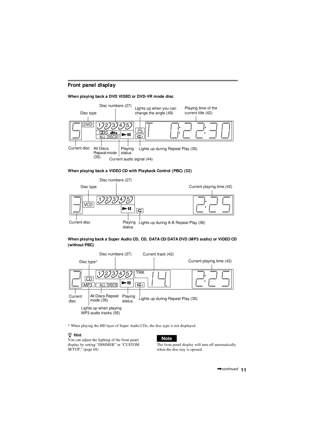 Sony DVP-NC80V operating instructions Front panel display, When playing back a DVD Video or DVD-VR mode disc 