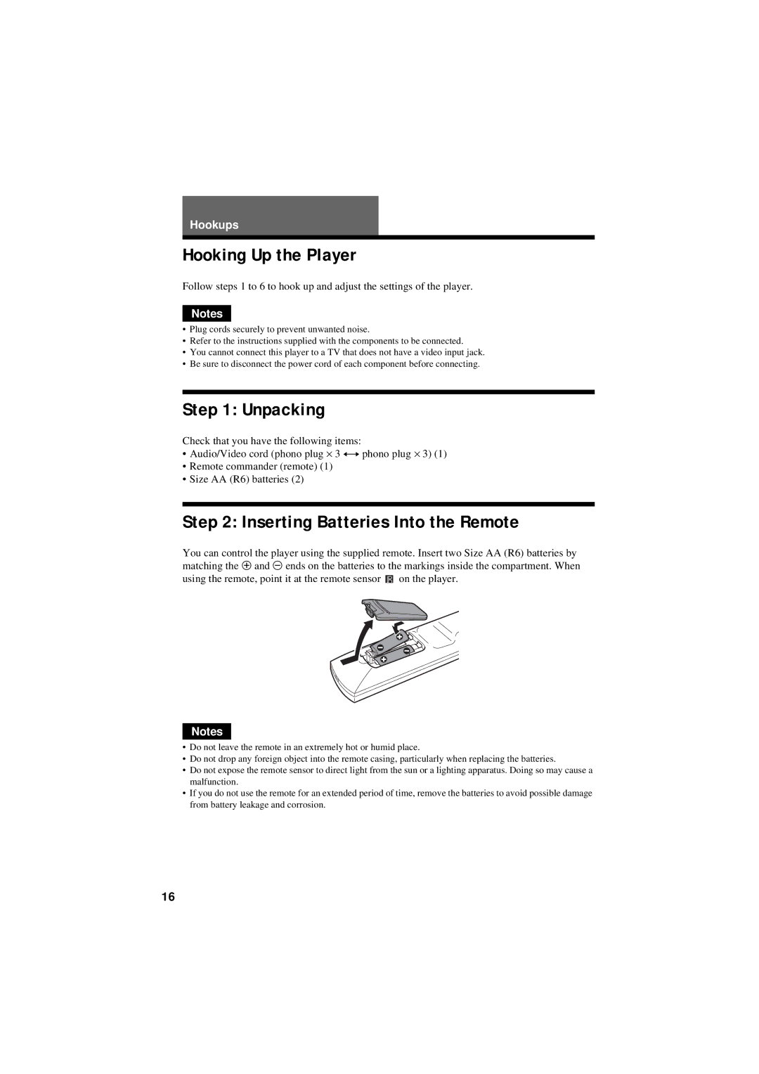 Sony DVP-NC80V operating instructions Hooking Up the Player, Unpacking, Inserting Batteries Into the Remote 