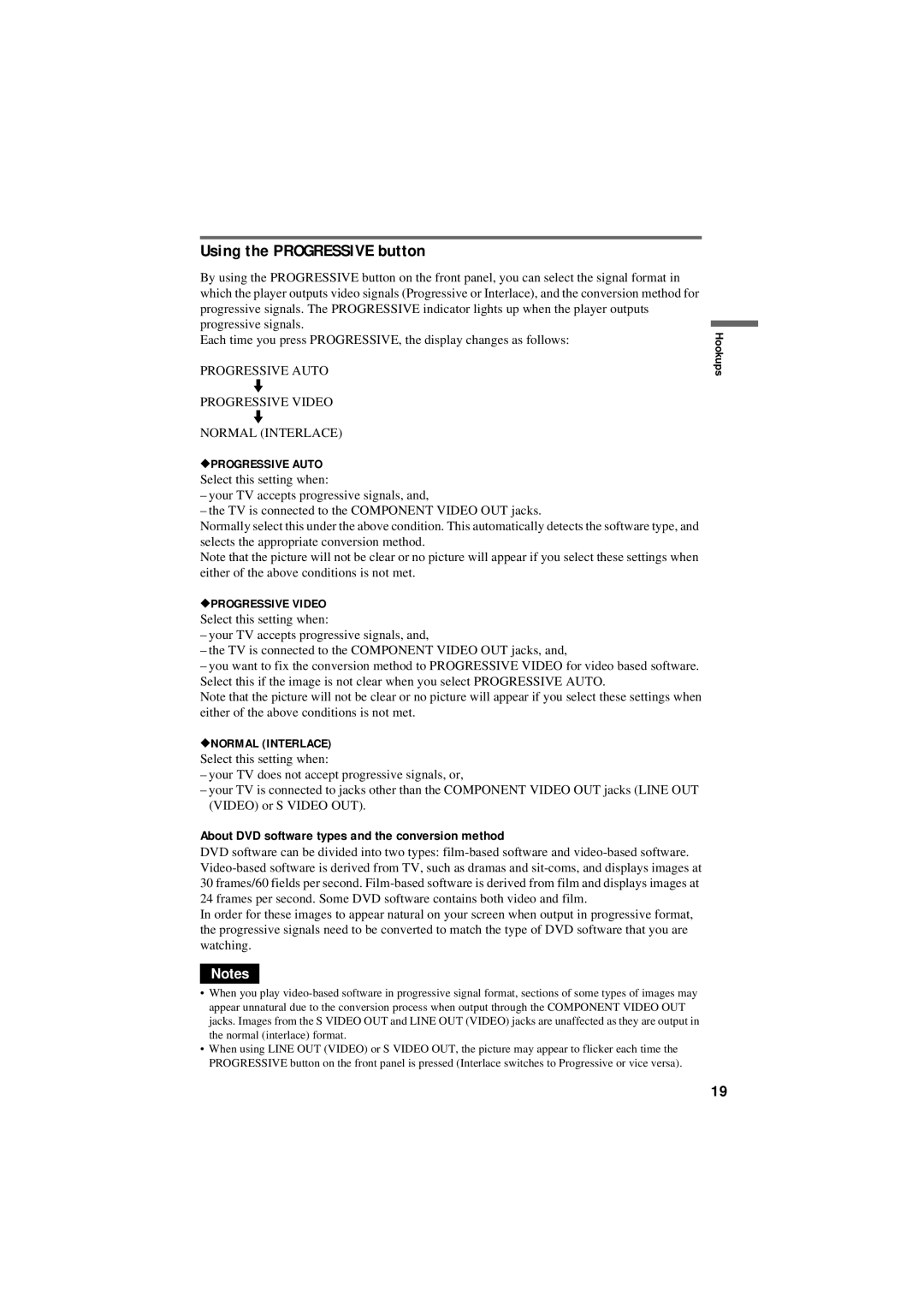 Sony DVP-NC80V Using the Progressive button, About DVD software types and the conversion method, Progressive Video m 