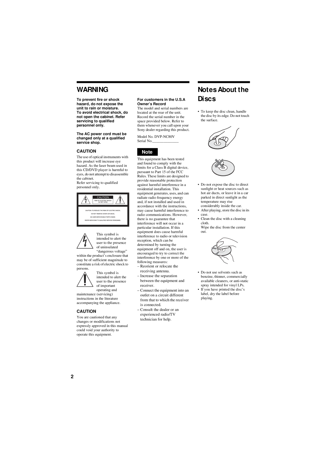 Sony DVP-NC80V operating instructions For customers in the U.S.A Owner’s Record 