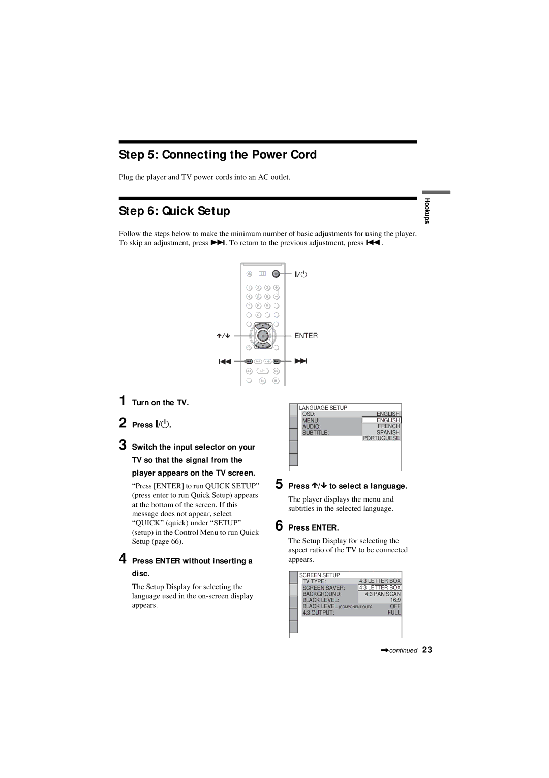 Sony DVP-NC80V operating instructions Connecting the Power Cord, Quick Setup 