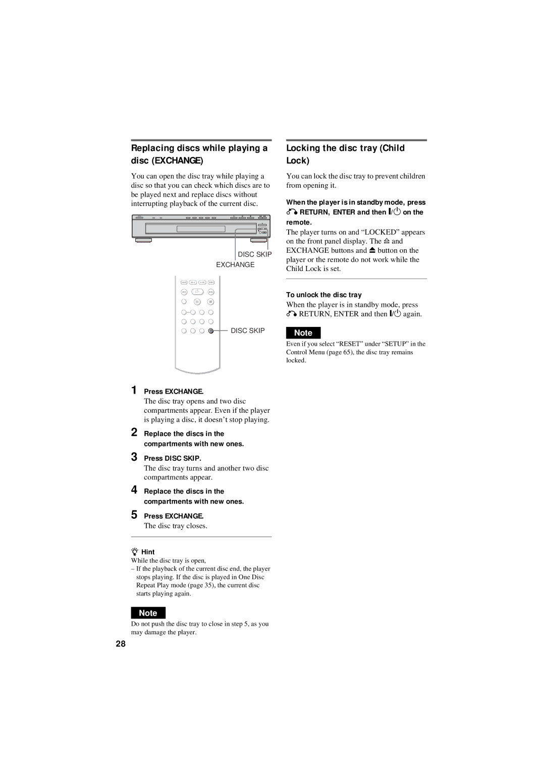 Sony DVP-NC80V operating instructions Replacing discs while playing a disc Exchange, Locking the disc tray Child Lock 