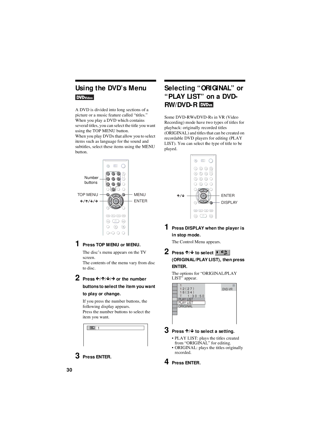 Sony DVP-NC80V Using the DVD’s Menu, Press TOP Menu or Menu, Press Enter Press Display when the player is in stop mode 