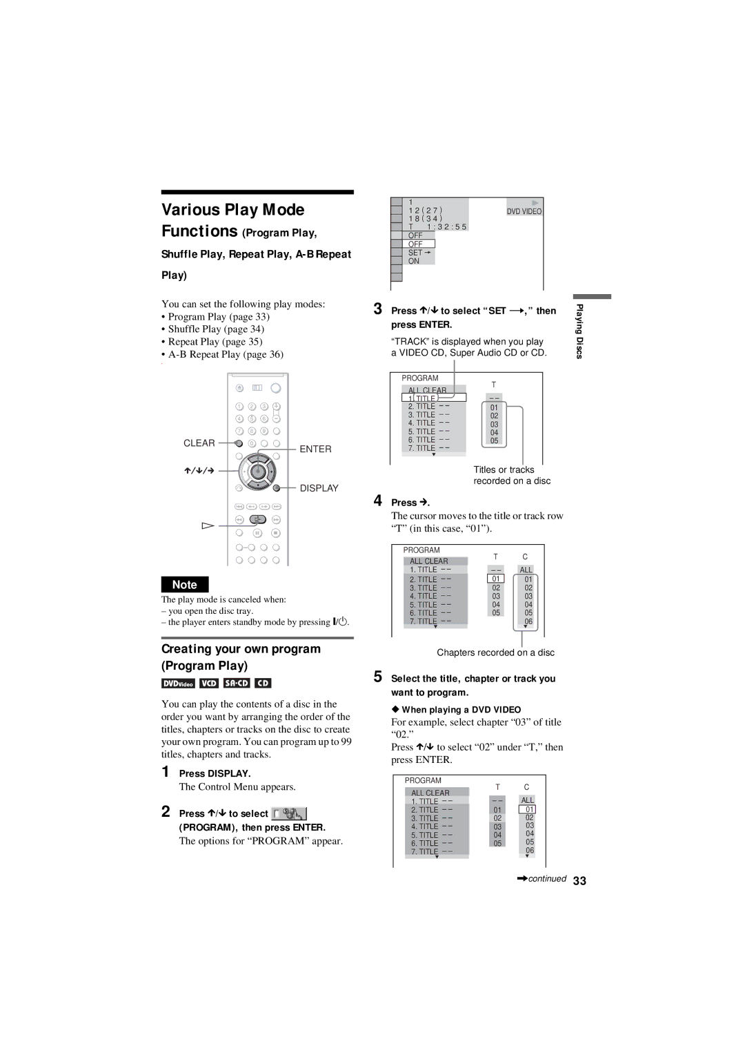 Sony DVP-NC80V operating instructions Various Play Mode, Creating your own program Program Play, Functions Program Play 