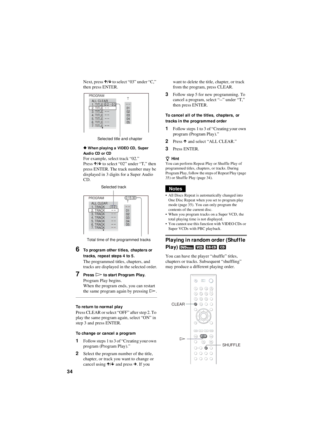 Sony DVP-NC80V Playing in random order Shuffle Play, Press H to start Program Play, To return to normal play 