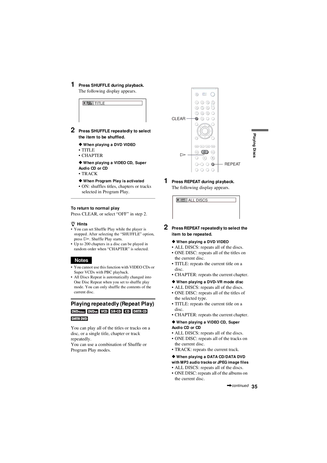 Sony DVP-NC80V Press Shuffle during playback, Press Shuffle repeatedly to select the item to be shuffled 