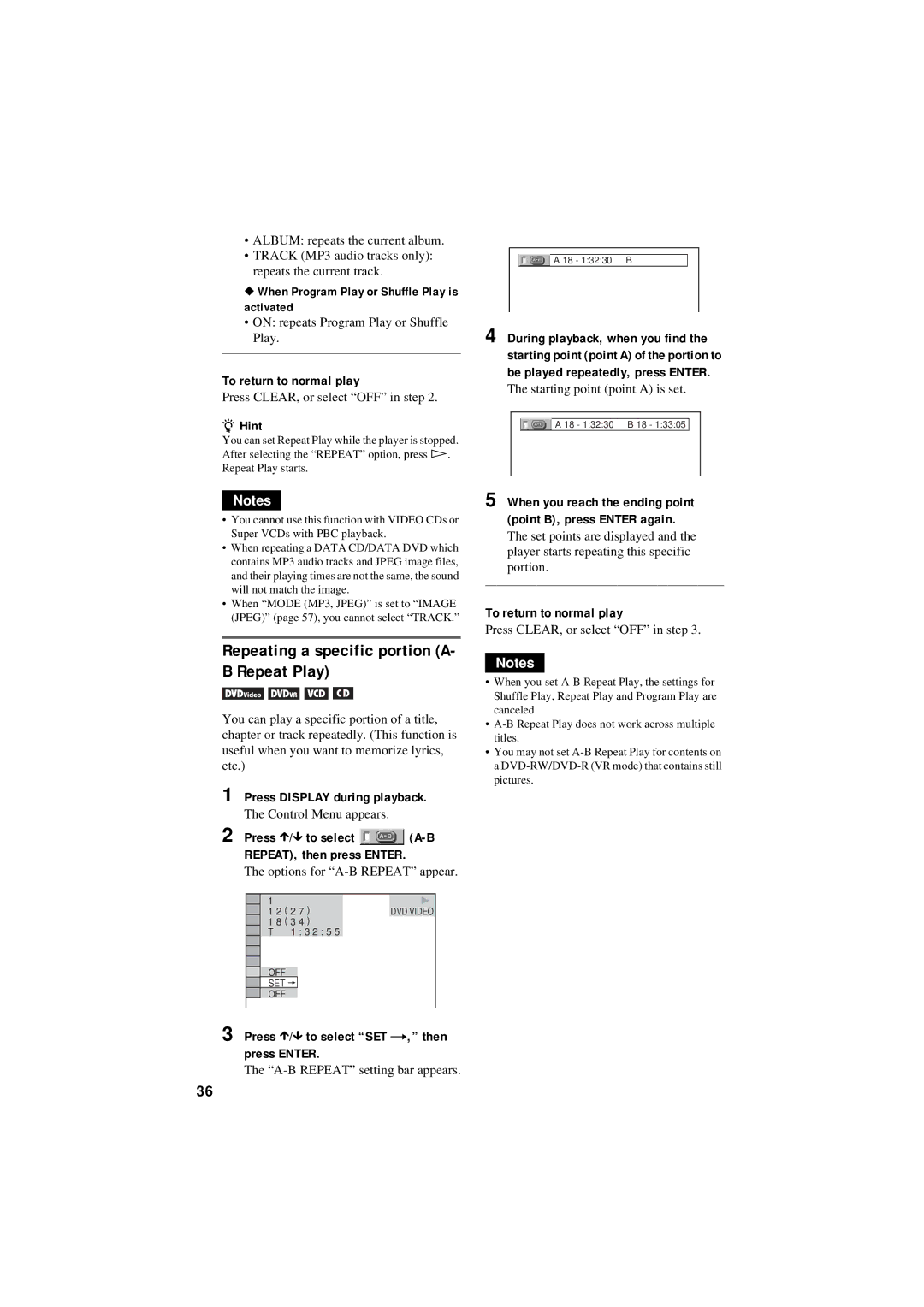 Sony DVP-NC80V operating instructions Repeating a specific portion A- B Repeat Play, Press Display during playback 