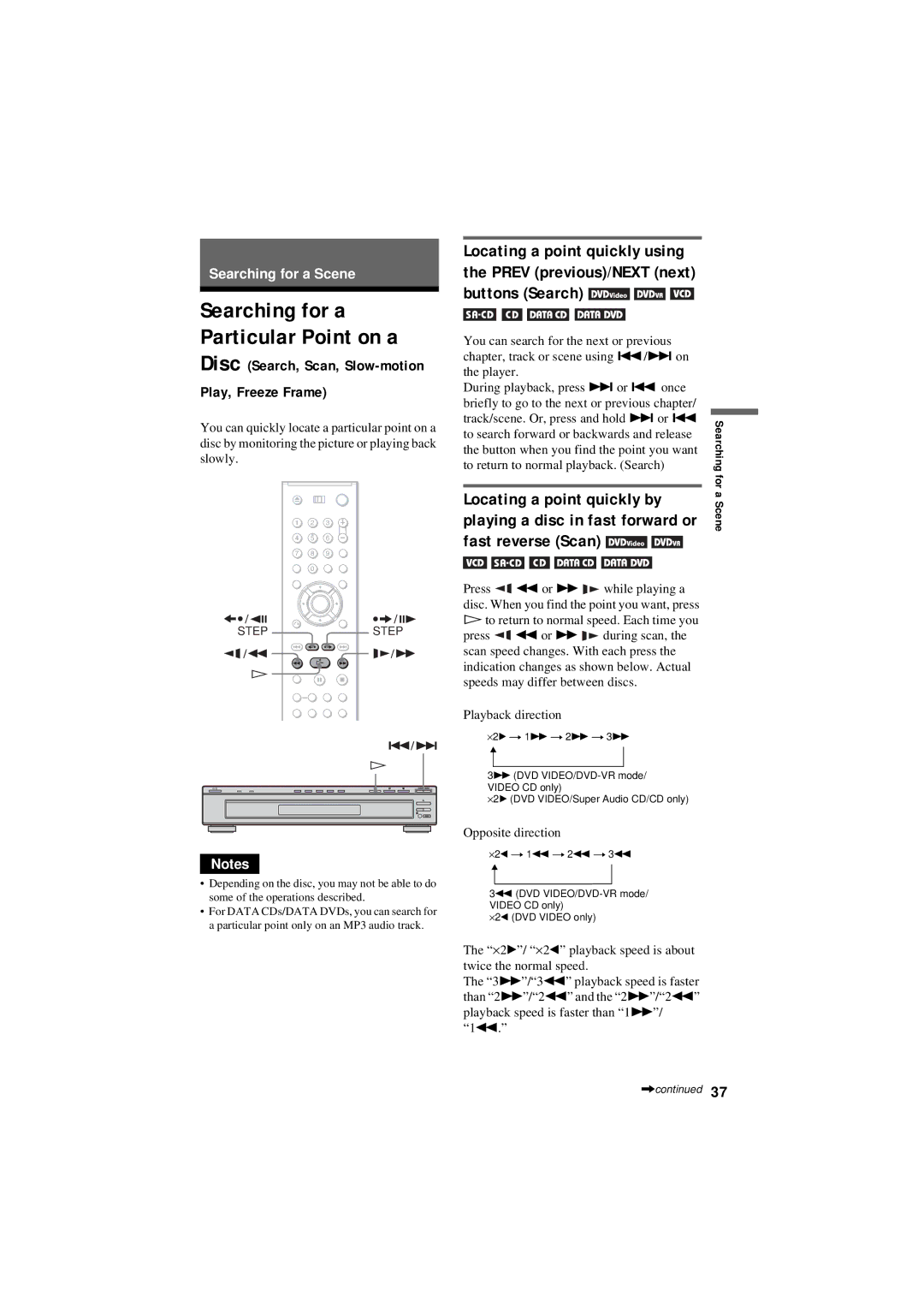 Sony DVP-NC80V Locating a point quickly by, Disc Search, Scan, Slow-motion Play, Freeze Frame, Fast reverse Scan 