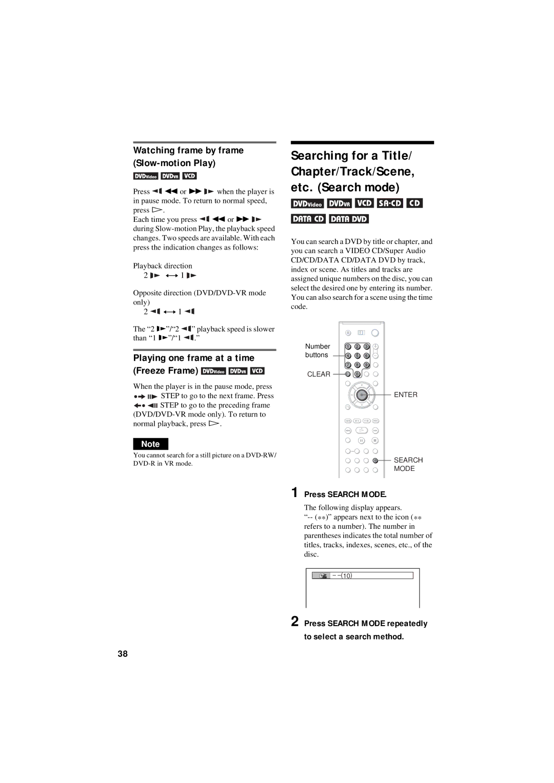 Sony DVP-NC80V operating instructions Watching frame by frame Slow-motion Play, Press Search Mode 