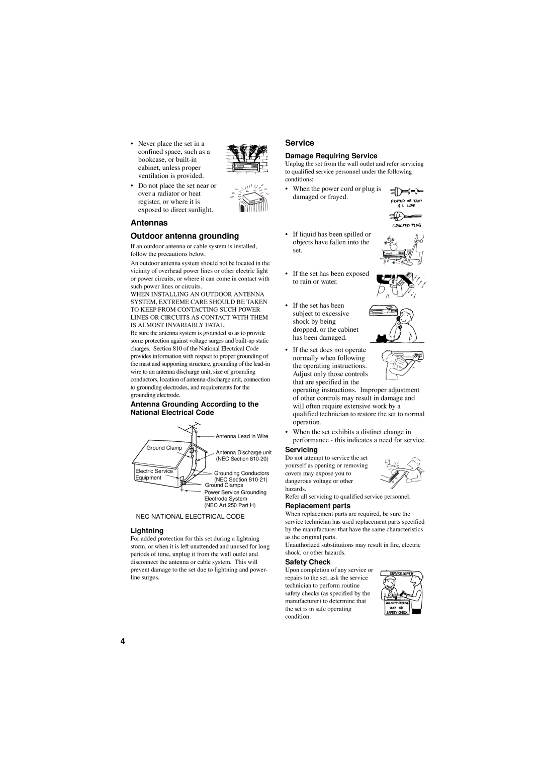 Sony DVP-NC80V operating instructions Antennas Outdoor antenna grounding, Service 