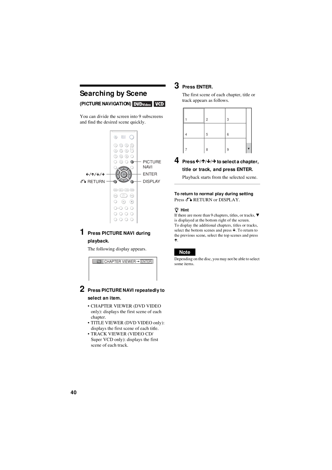 Sony DVP-NC80V Searching by Scene, Press Picture Navi during playback, Press Picture Navi repeatedly to select an item 