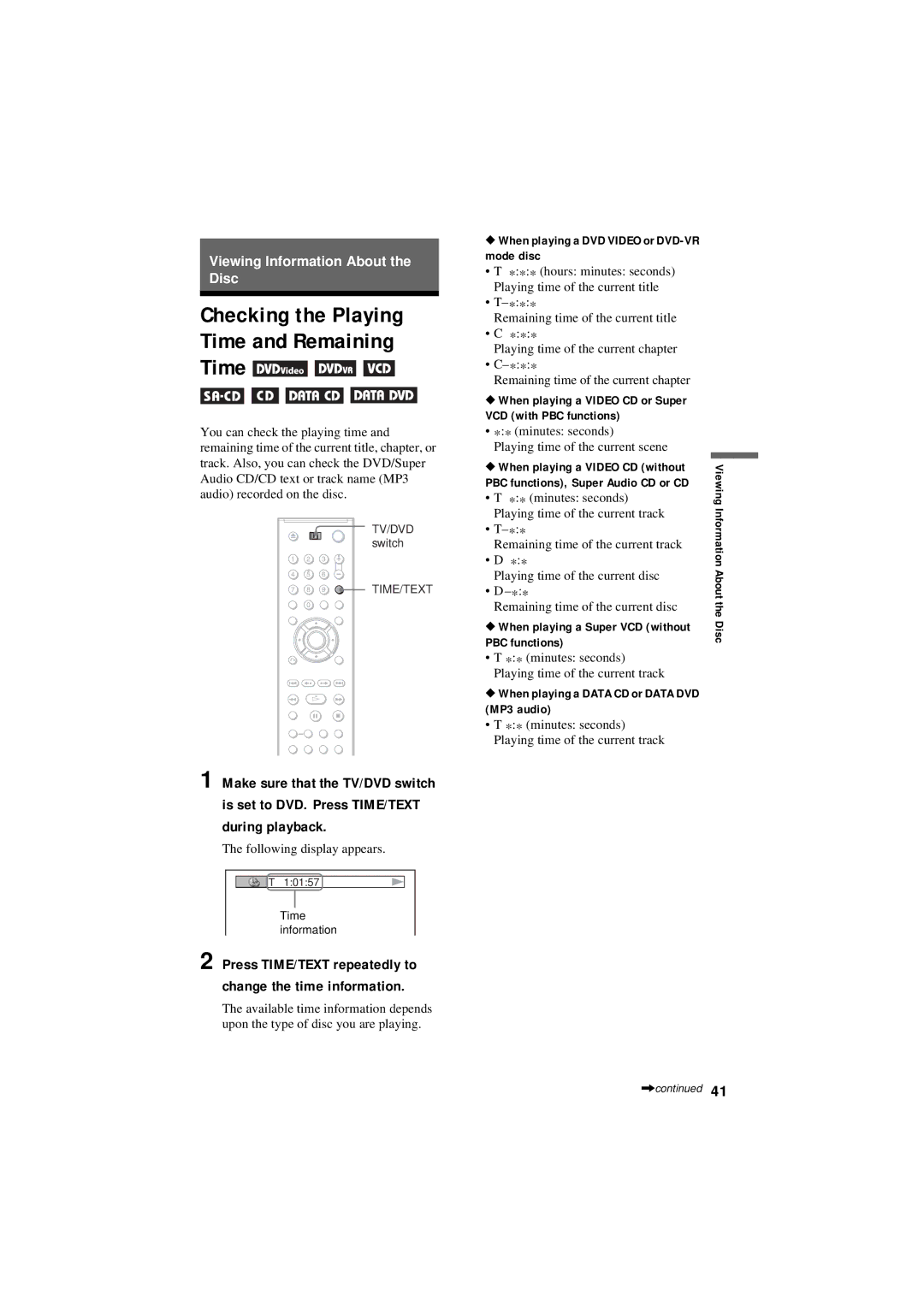 Sony DVP-NC80V operating instructions Checking the Playing Time and Remaining 