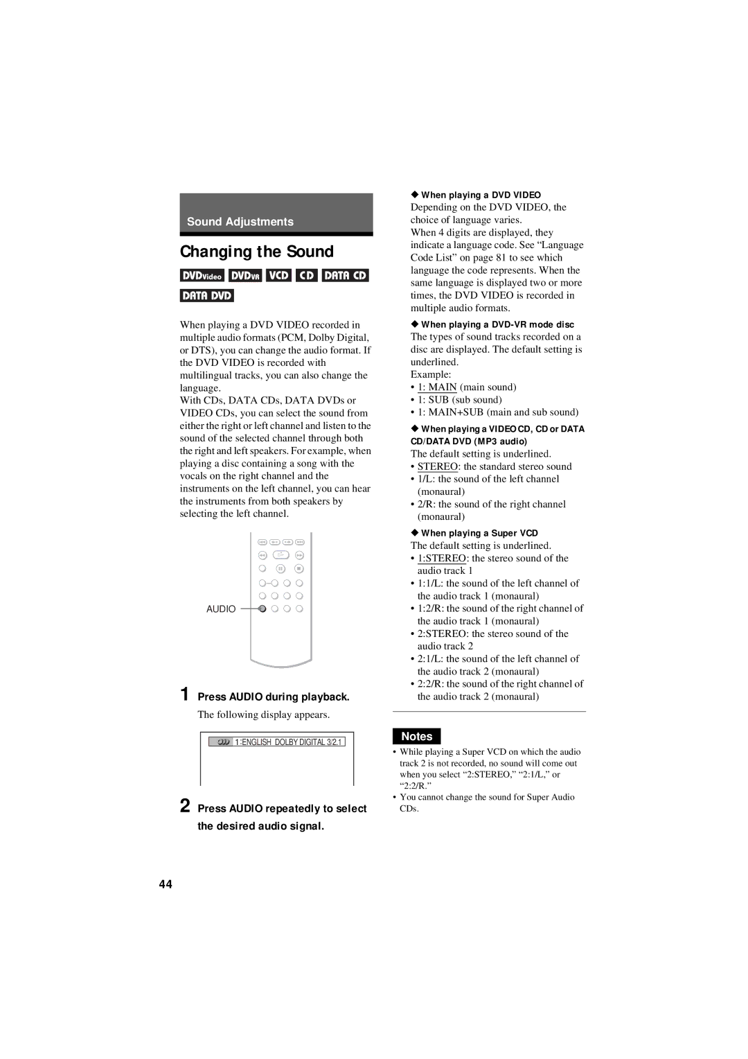 Sony DVP-NC80V Changing the Sound, Press Audio during playback, Press Audio repeatedly to select the desired audio signal 