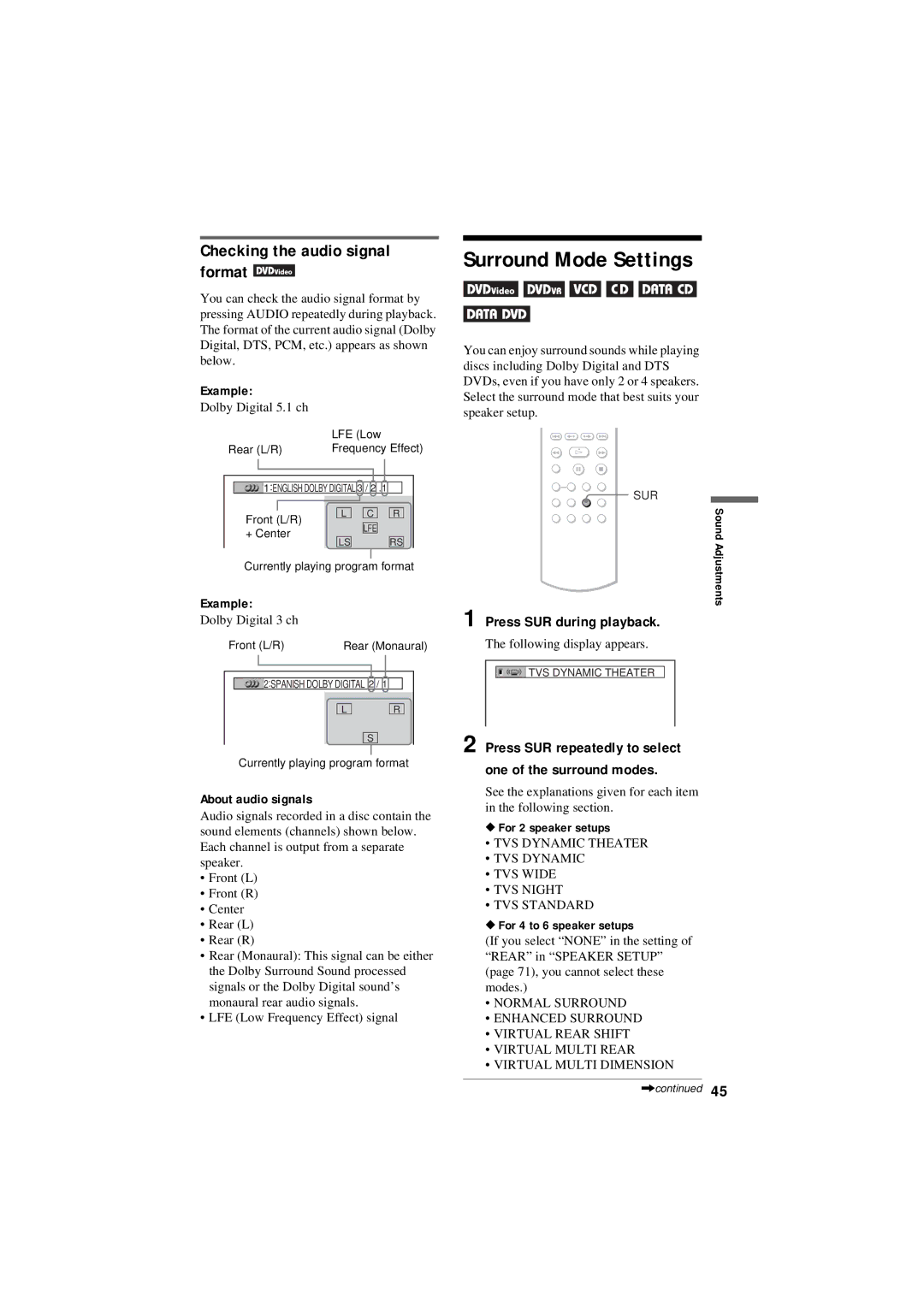 Sony DVP-NC80V operating instructions Surround Mode Settings, Checking the audio signal format, Press SUR during playback 