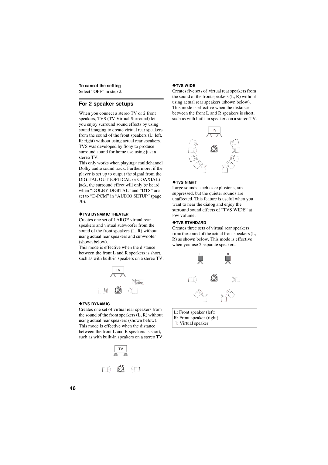 Sony DVP-NC80V operating instructions For 2 speaker setups, To cancel the setting, Select OFF in step 