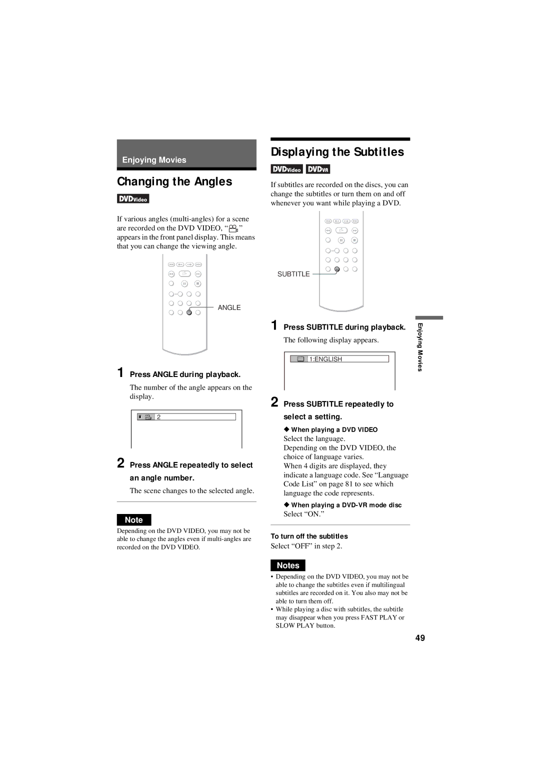 Sony DVP-NC80V operating instructions Changing the Angles, Displaying the Subtitles, Press Angle during playback 