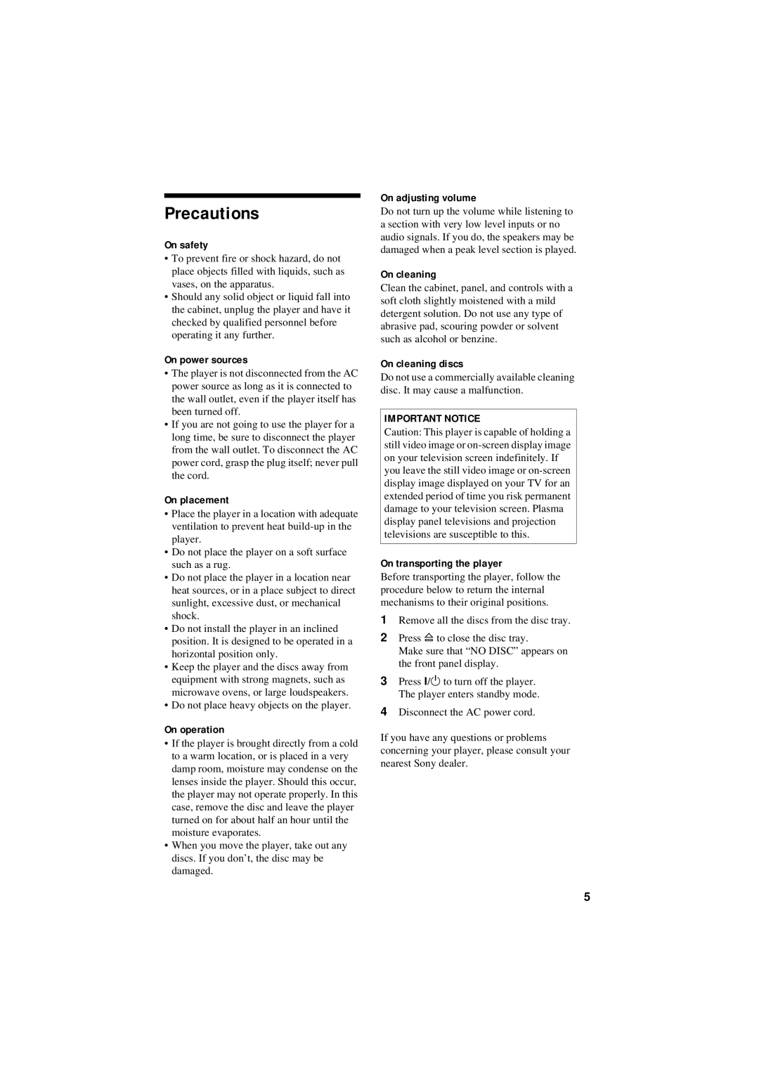 Sony DVP-NC80V operating instructions Precautions, Important Notice 