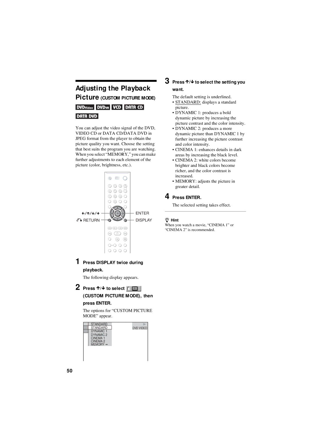 Sony DVP-NC80V Adjusting the Playback, Press X/x to select the setting you want, Press Display twice during playback 