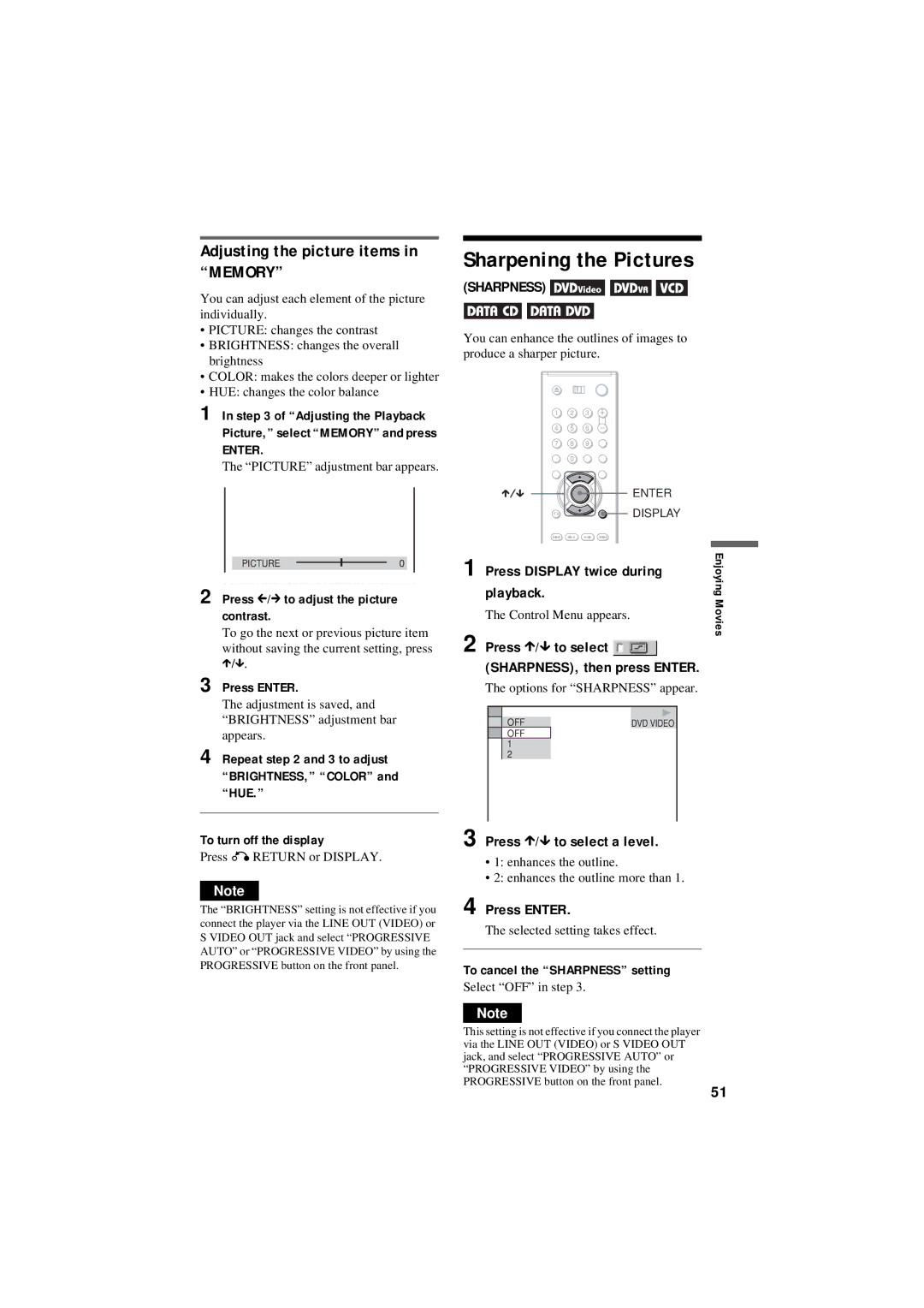 Sony DVP-NC80V operating instructions Sharpening the Pictures, Adjusting the picture items in Memory 