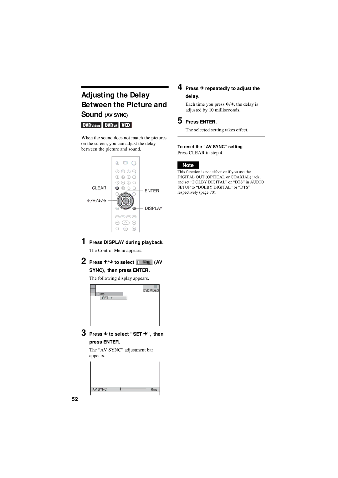 Sony DVP-NC80V operating instructions Sound AV Sync, Press c repeatedly to adjust the delay, Press Display during playback 