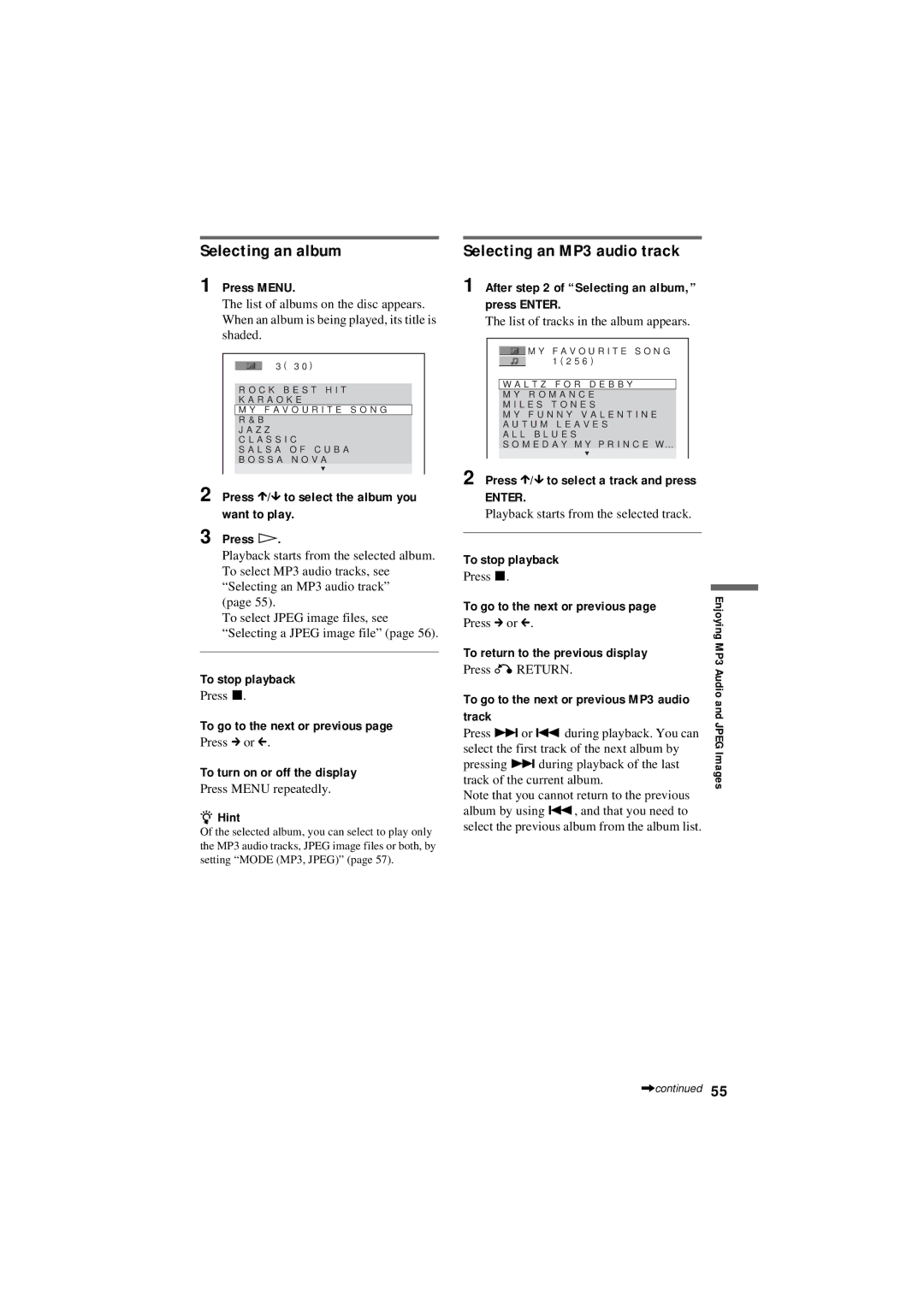 Sony DVP-NC80V operating instructions Selecting an album, Selecting an MP3 audio track 