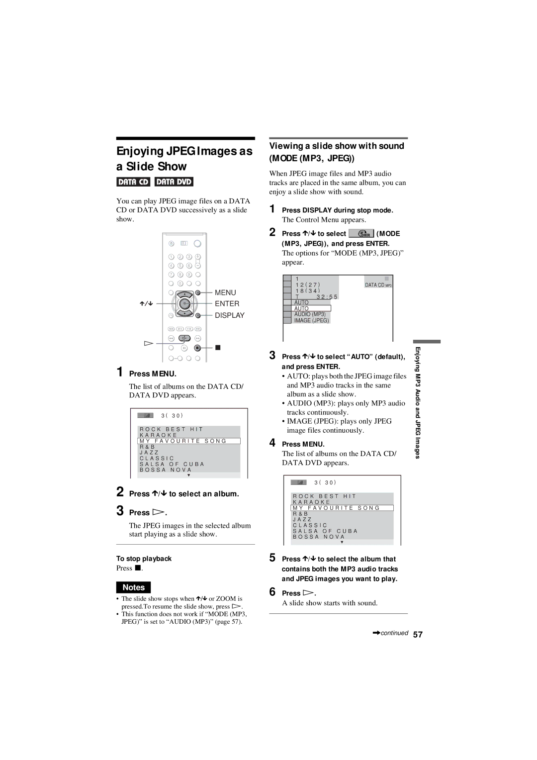 Sony DVP-NC80V Viewing a slide show with sound Mode MP3, Jpeg, Press Menu, Press X/x to select an album Press H 