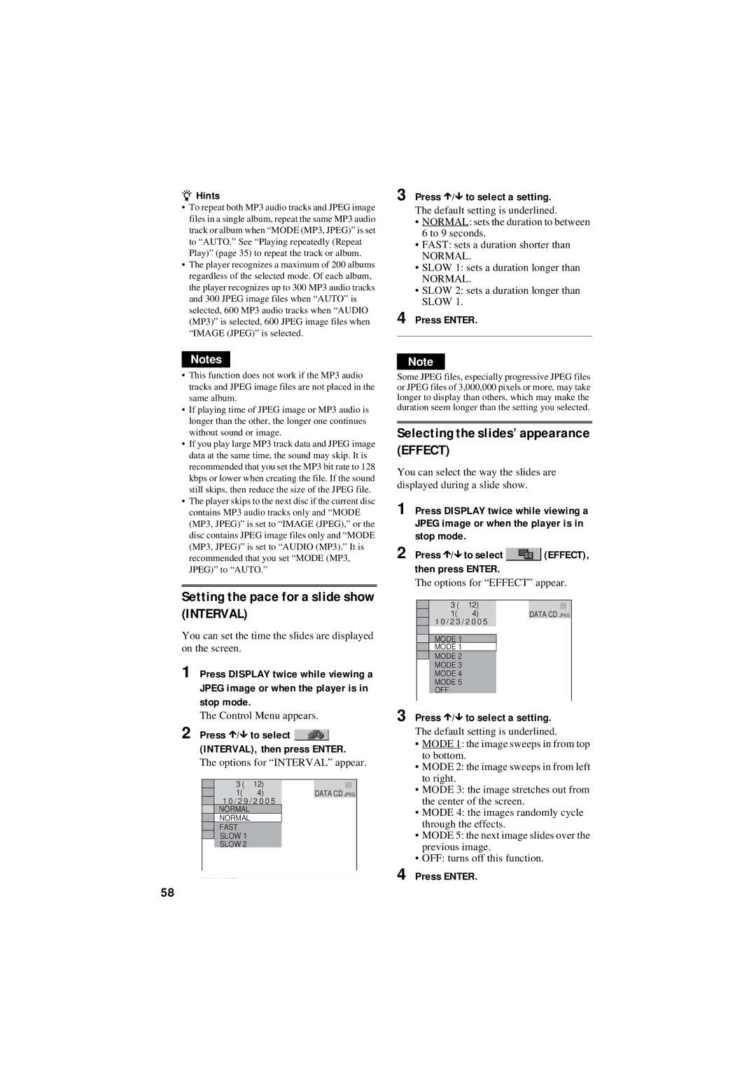 Sony DVP-NC80V operating instructions Setting the pace for a slide show Interval, Selecting the slides’ appearance Effect 