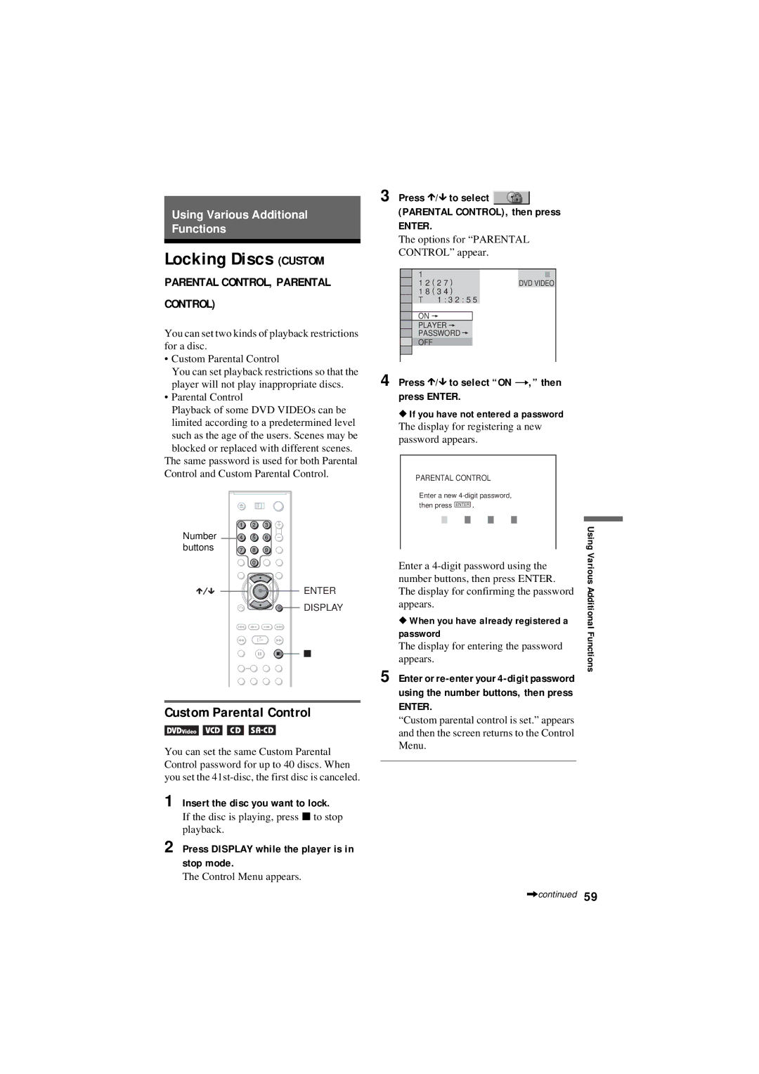 Sony DVP-NC80V operating instructions Locking Discs Custom, Custom Parental Control, Insert the disc you want to lock 