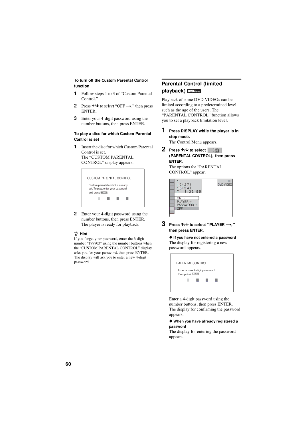 Sony DVP-NC80V operating instructions Parental Control limited playback, To turn off the Custom Parental Control function 