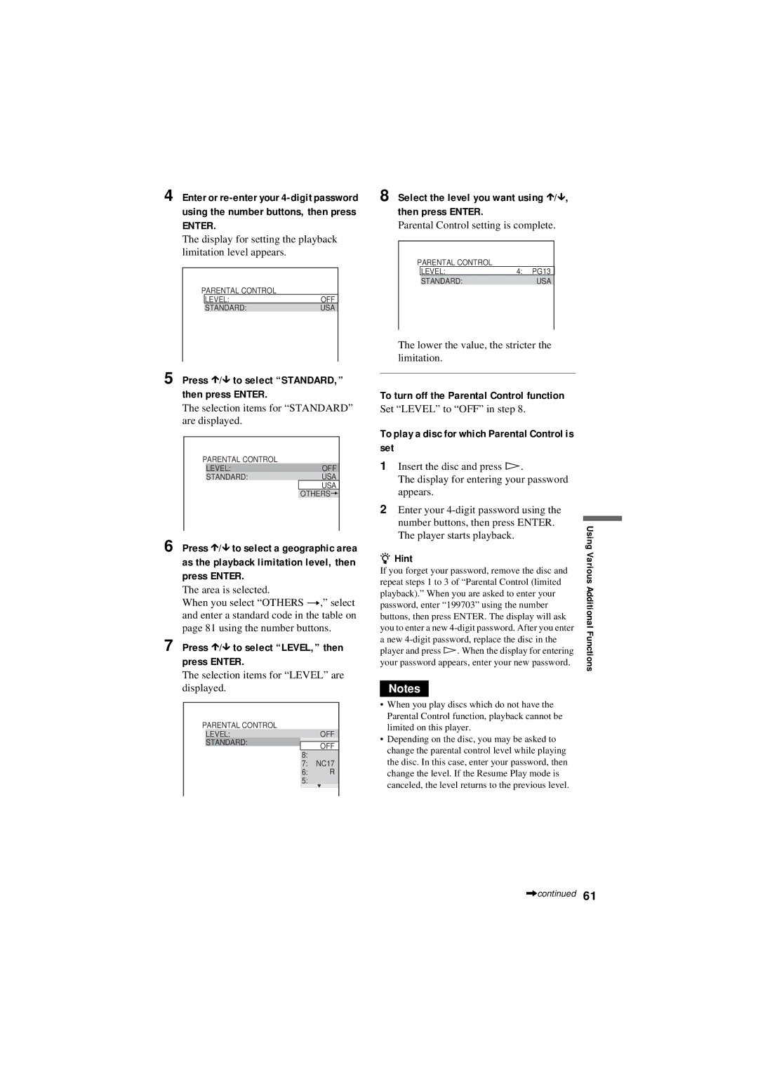 Sony DVP-NC80V Press X/x to select LEVEL, then press Enter, Select the level you want using X/x, then press Enter 