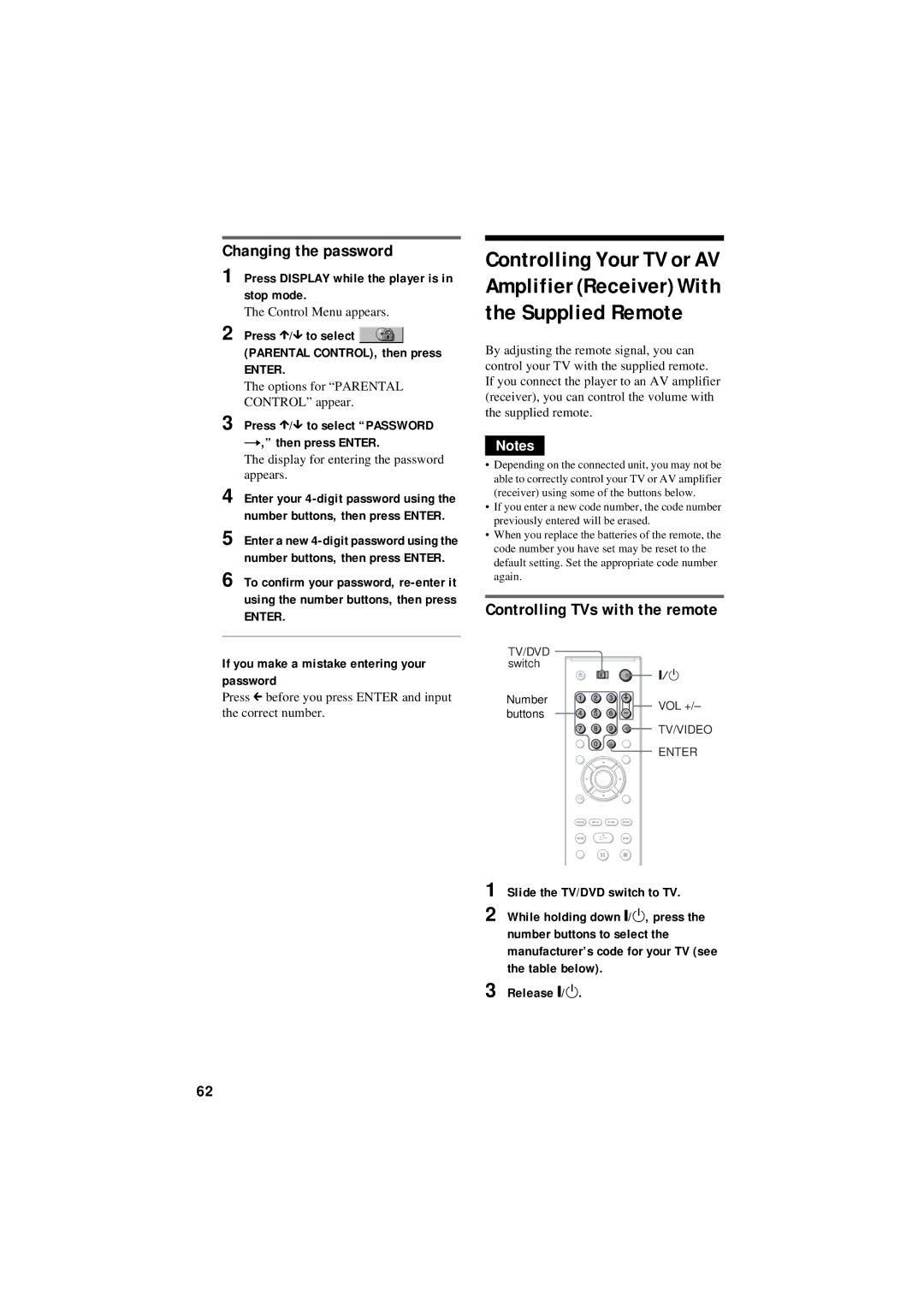 Sony DVP-NC80V Changing the password, Controlling TVs with the remote, If you make a mistake entering your password 