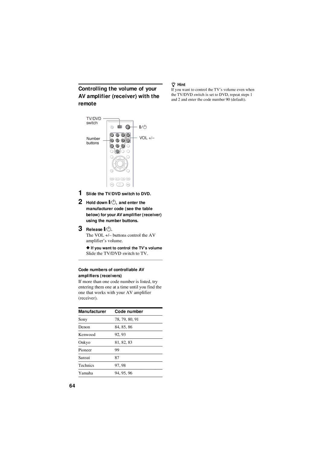 Sony DVP-NC80V operating instructions Slide the TV/DVD switch to DVD, VOL +/- buttons control the AV amplifier’s volume 