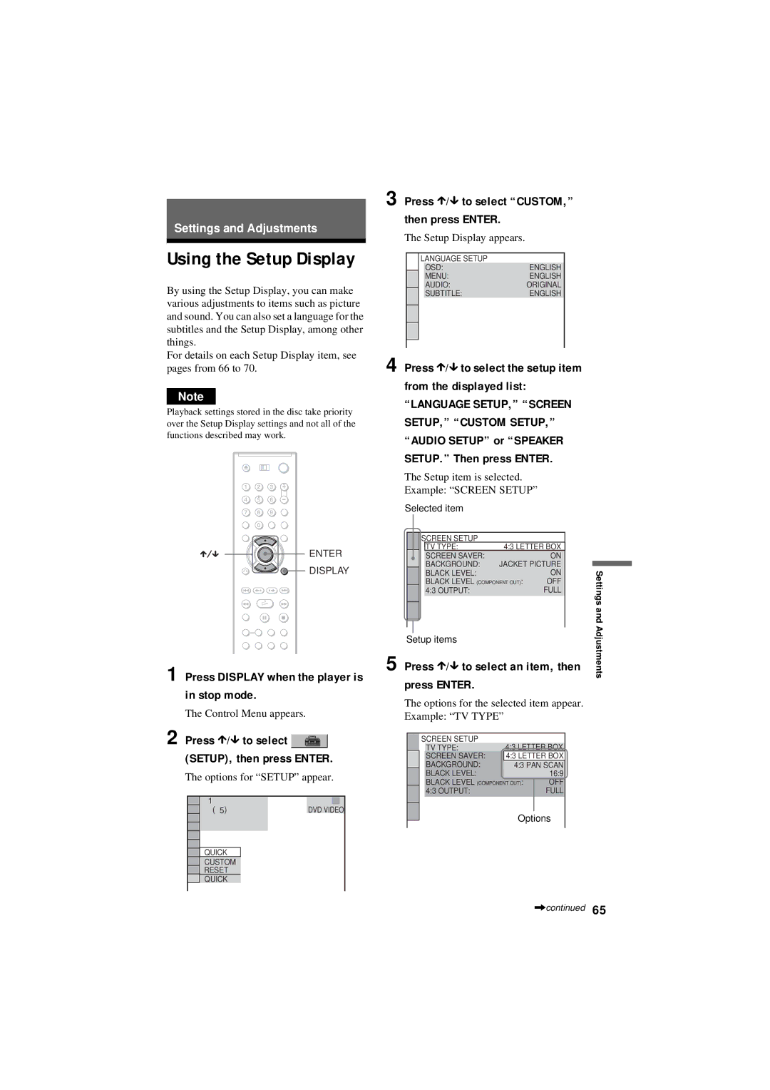 Sony DVP-NC80V operating instructions Using the Setup Display, Press X/x to select the setup item from the displayed list 