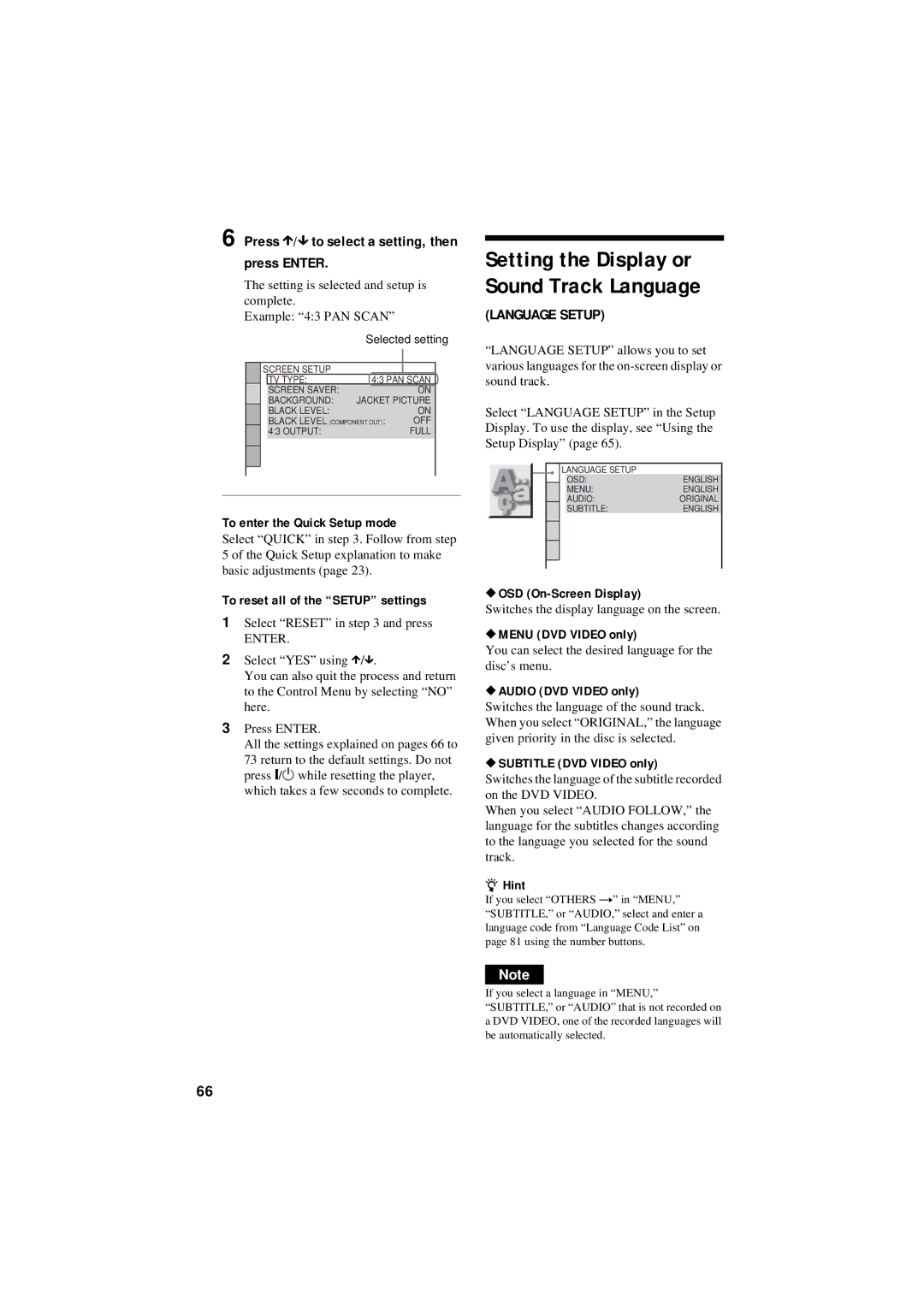 Sony DVP-NC80V operating instructions Press X/x to select a setting, then press Enter 