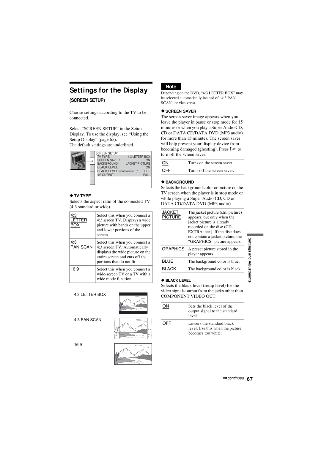 Sony DVP-NC80V operating instructions Settings for the Display, TV Type, Screen Saver, Background, Settings and Adjustments 