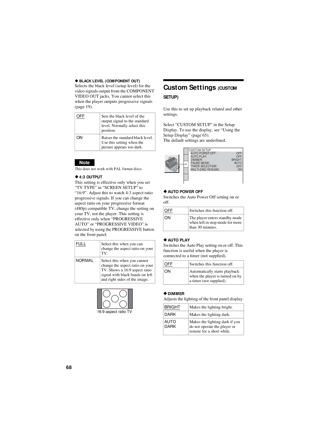 Sony DVP-NC80V operating instructions Custom Settings Custom, Output, Auto Power OFF, Auto Play, Dimmer 