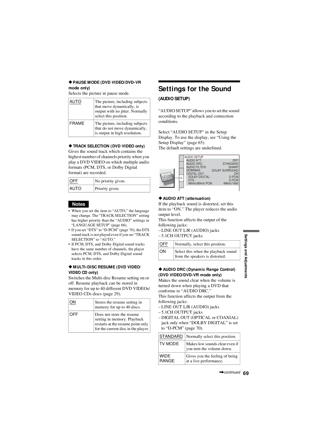 Sony DVP-NC80V Settings for the Sound, Pause Mode DVD VIDEO/DVD-VR mode only, Track Selection DVD Video only 