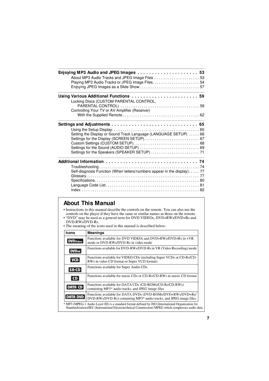 Sony DVP-NC80V About This Manual, Enjoying MP3 Audio and Jpeg Images, Using Various Additional Functions 