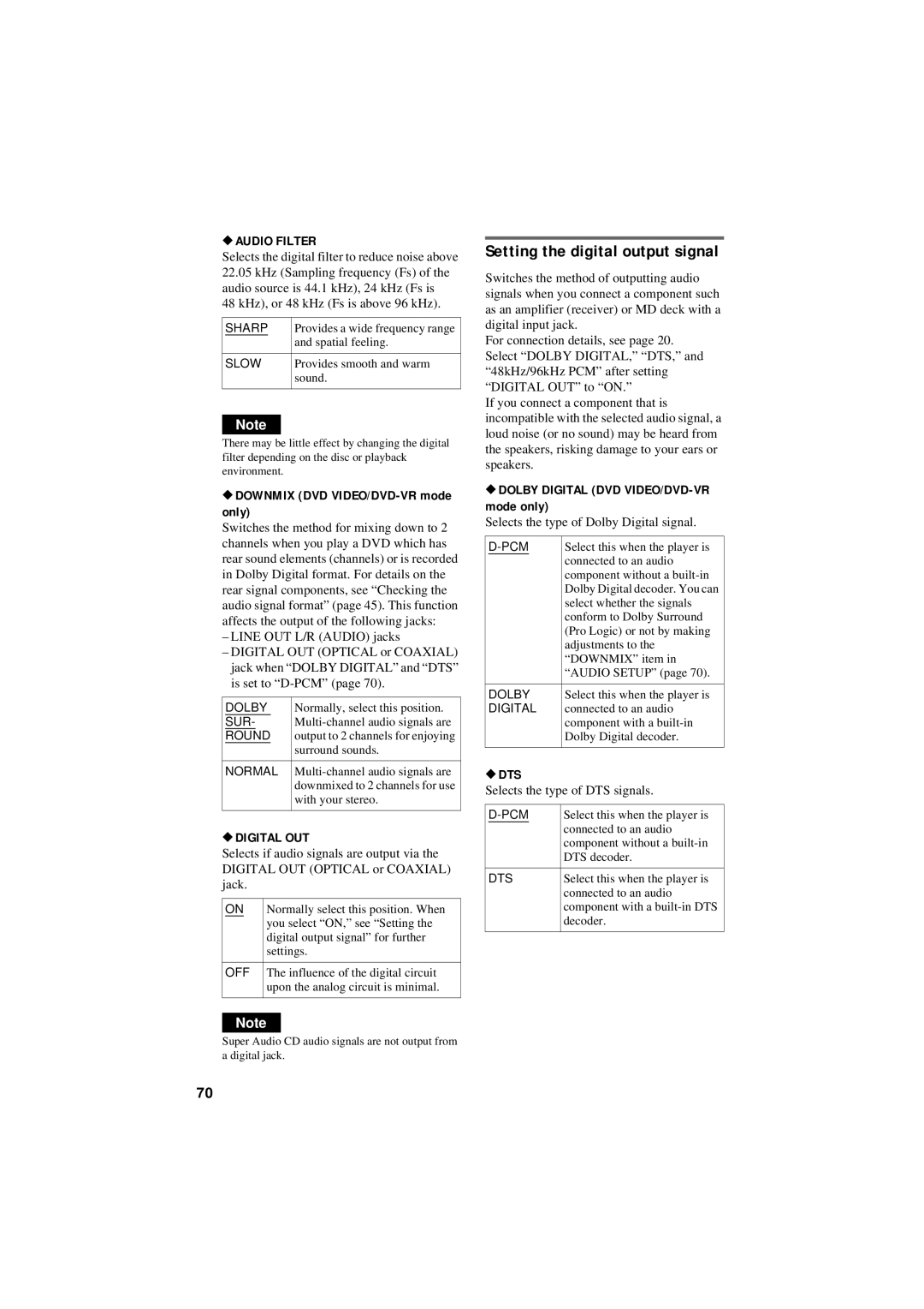 Sony DVP-NC80V operating instructions Setting the digital output signal, Audio Filter, Digital OUT, Dts 