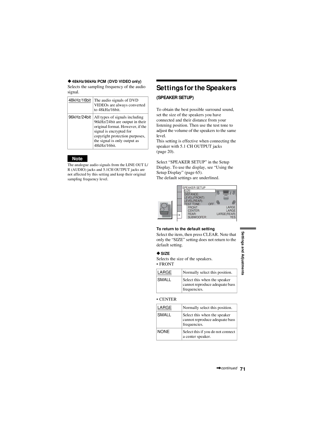 Sony DVP-NC80V operating instructions 48kHz/96kHz PCM DVD Video only, To return to the default setting, Size 