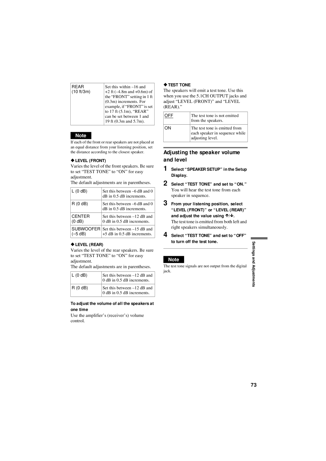 Sony DVP-NC80V operating instructions Adjusting the speaker volume and level, Level Front, Level Rear, Test Tone 