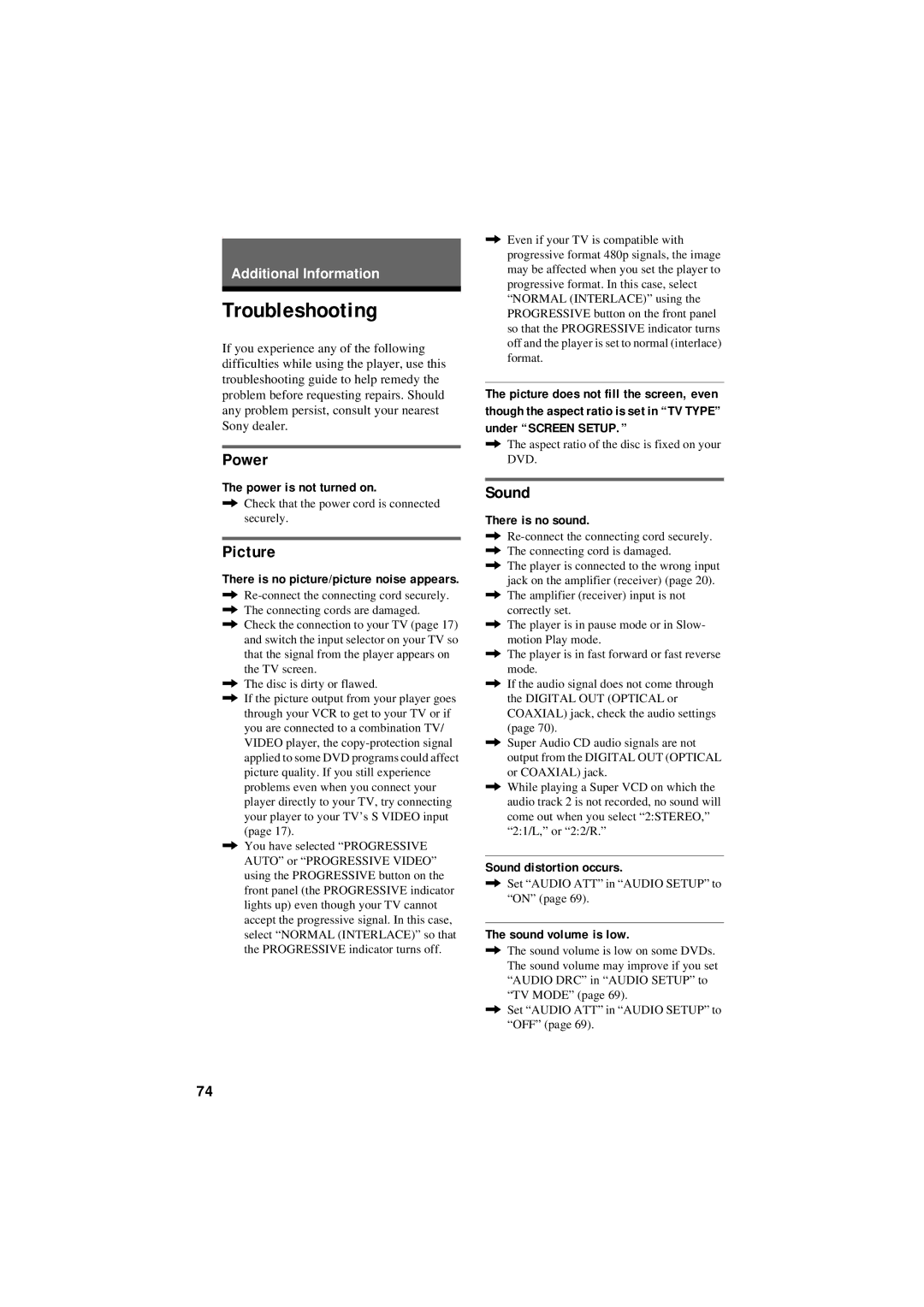 Sony DVP-NC80V operating instructions Troubleshooting, Power, Picture, Sound 