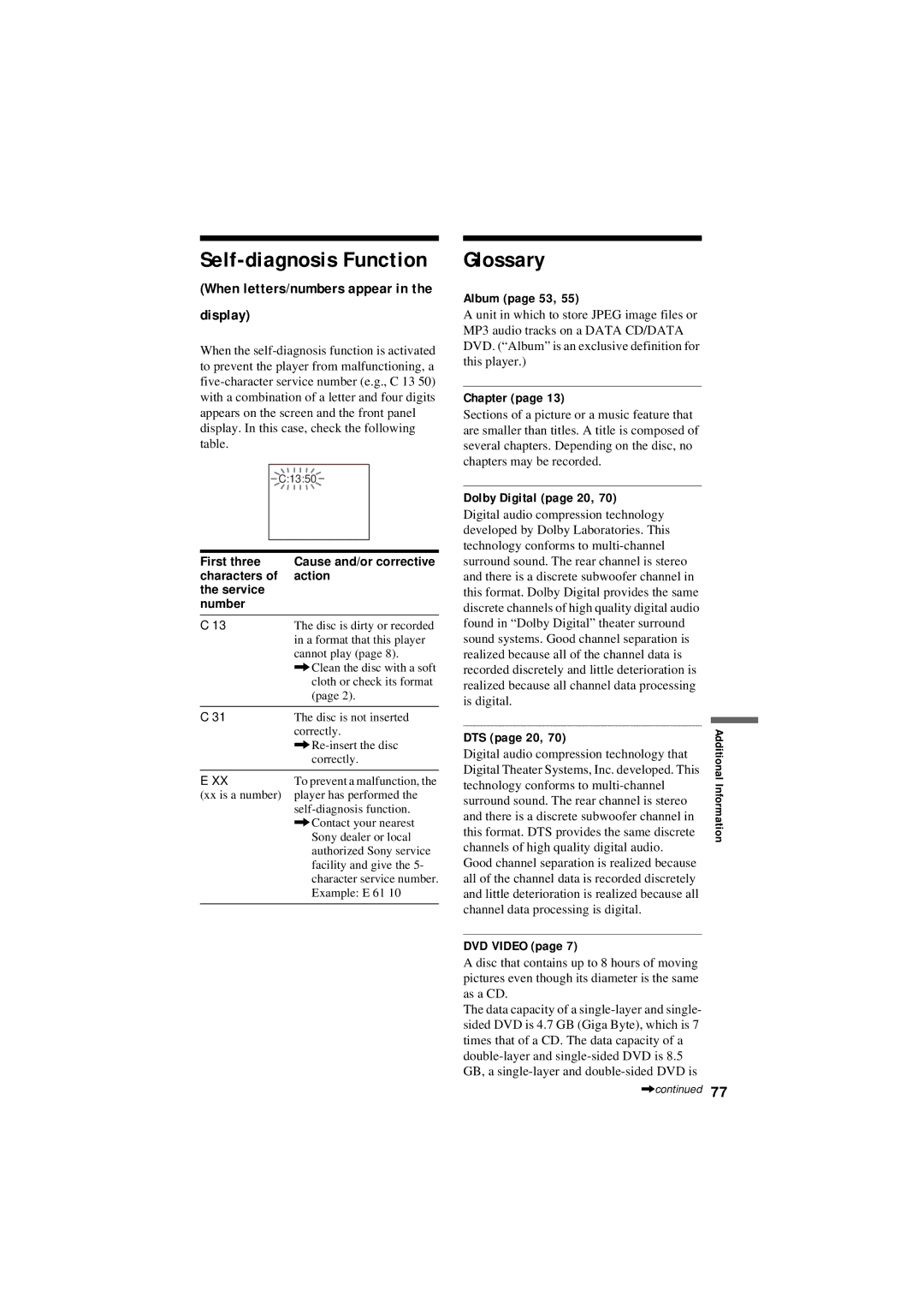 Sony DVP-NC80V operating instructions Self-diagnosis Function, Glossary, Display 