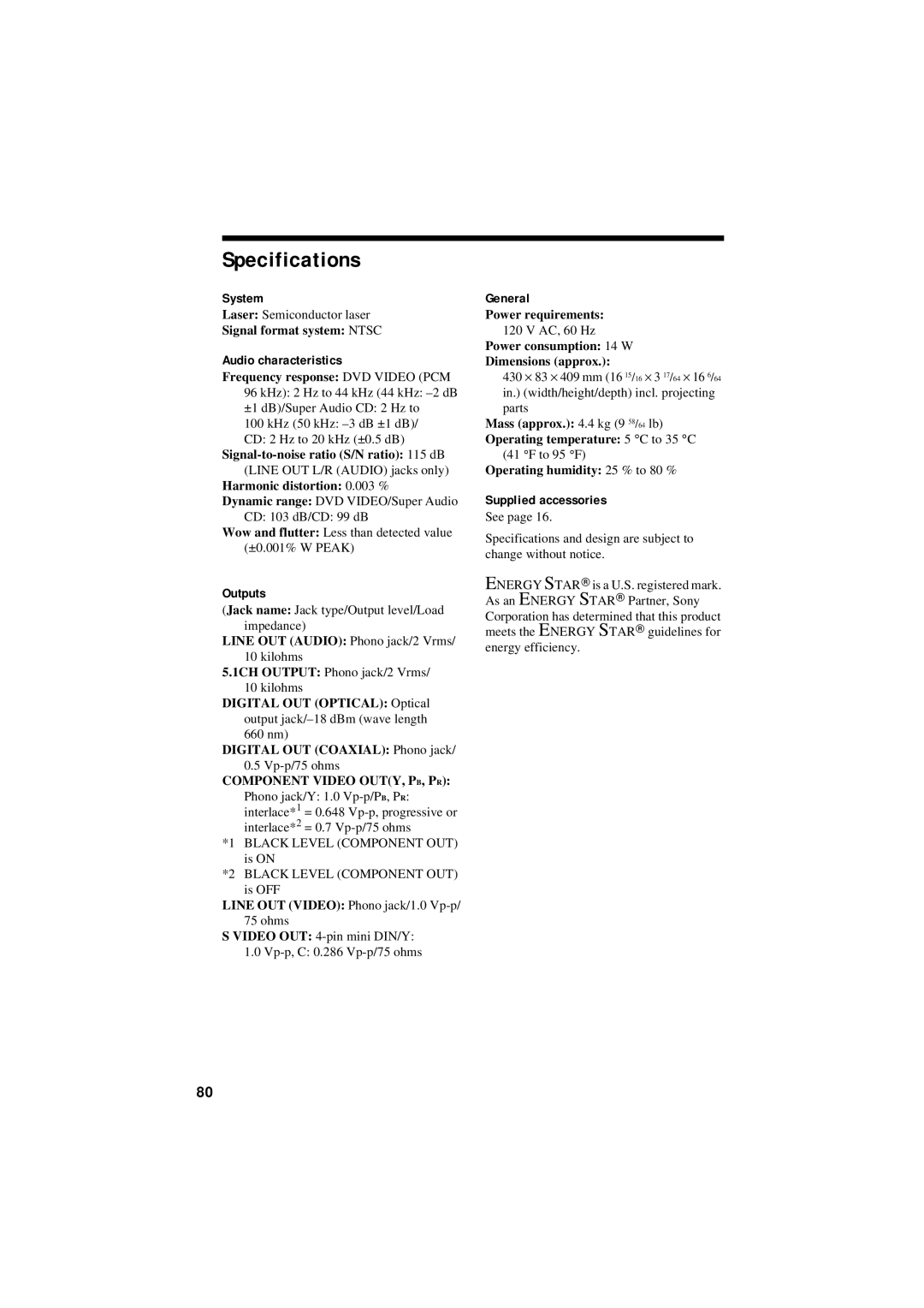 Sony DVP-NC80V operating instructions Specifications 