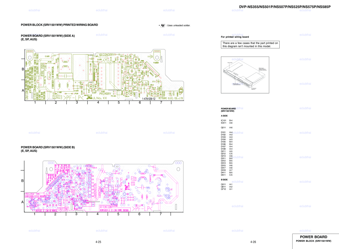 Sony DVP-NS355/NS501P/NS507P/NS525P/NS575P/NS585P, Power Board, POWER BLOCK SRV1501WW PRINTEDWIRING BOARD, eclubthai 