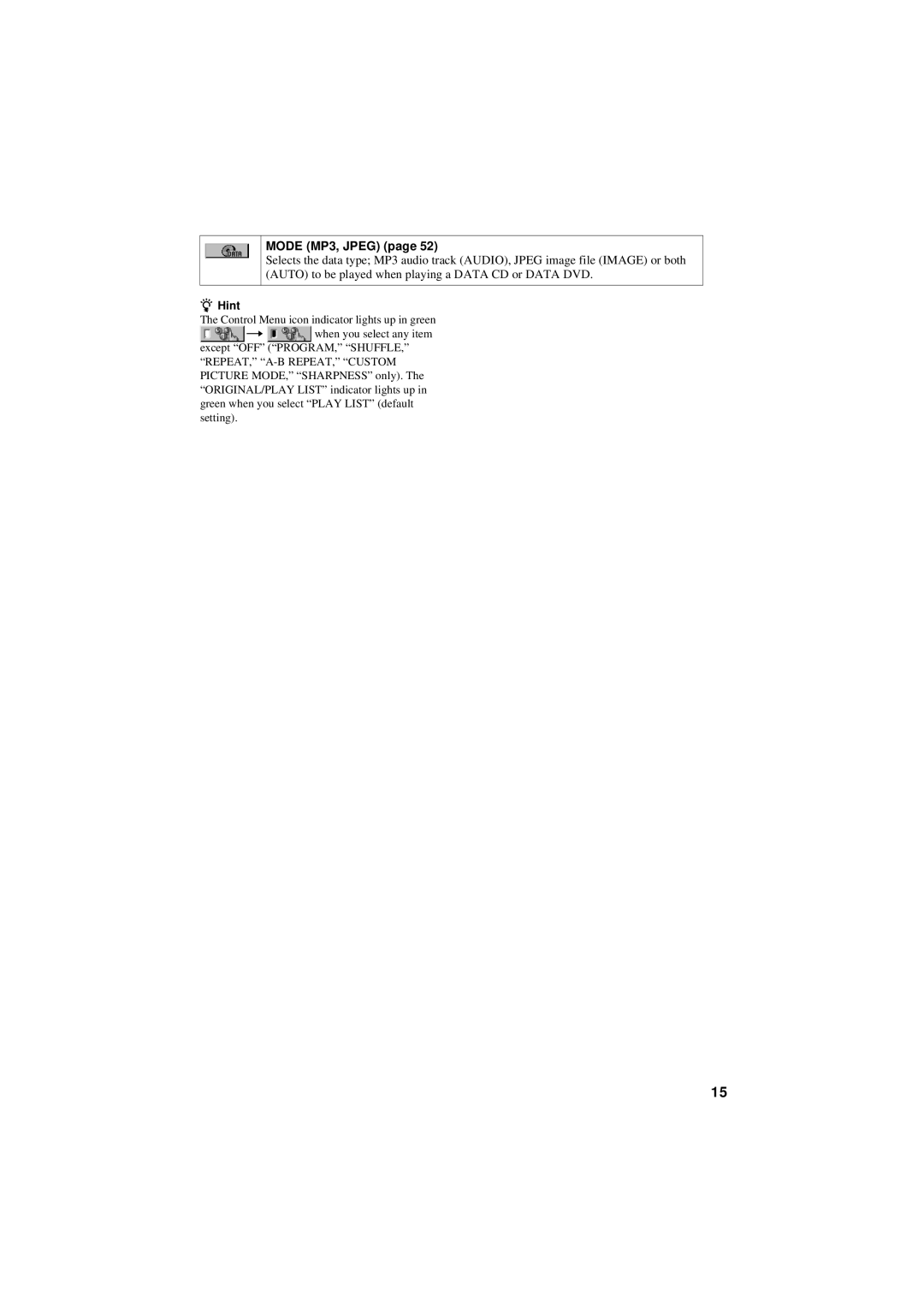 Sony DVP-NS50P operating instructions Mode MP3, Jpeg, Hint 